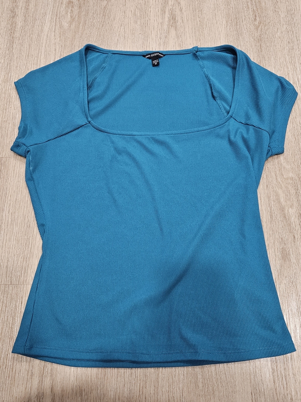 GUESS Teal Blue Ribbed Square Neck Short Sleeve Top (Size M)